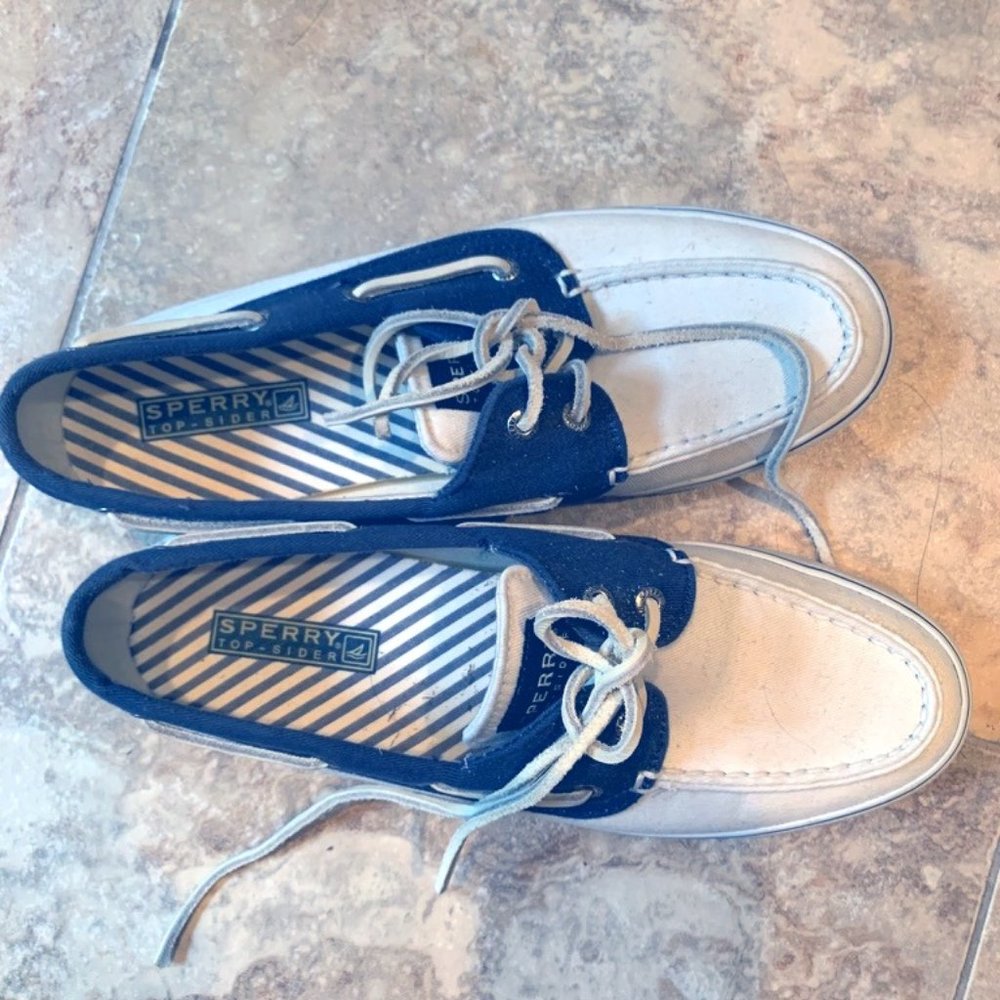 White and Navy Blue Sperry Boat Shoes
